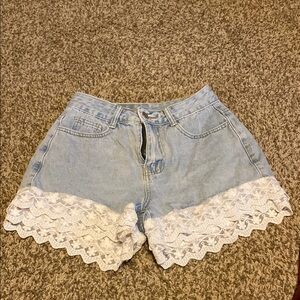 Cider Light Blue Jean Shorts with White Lace